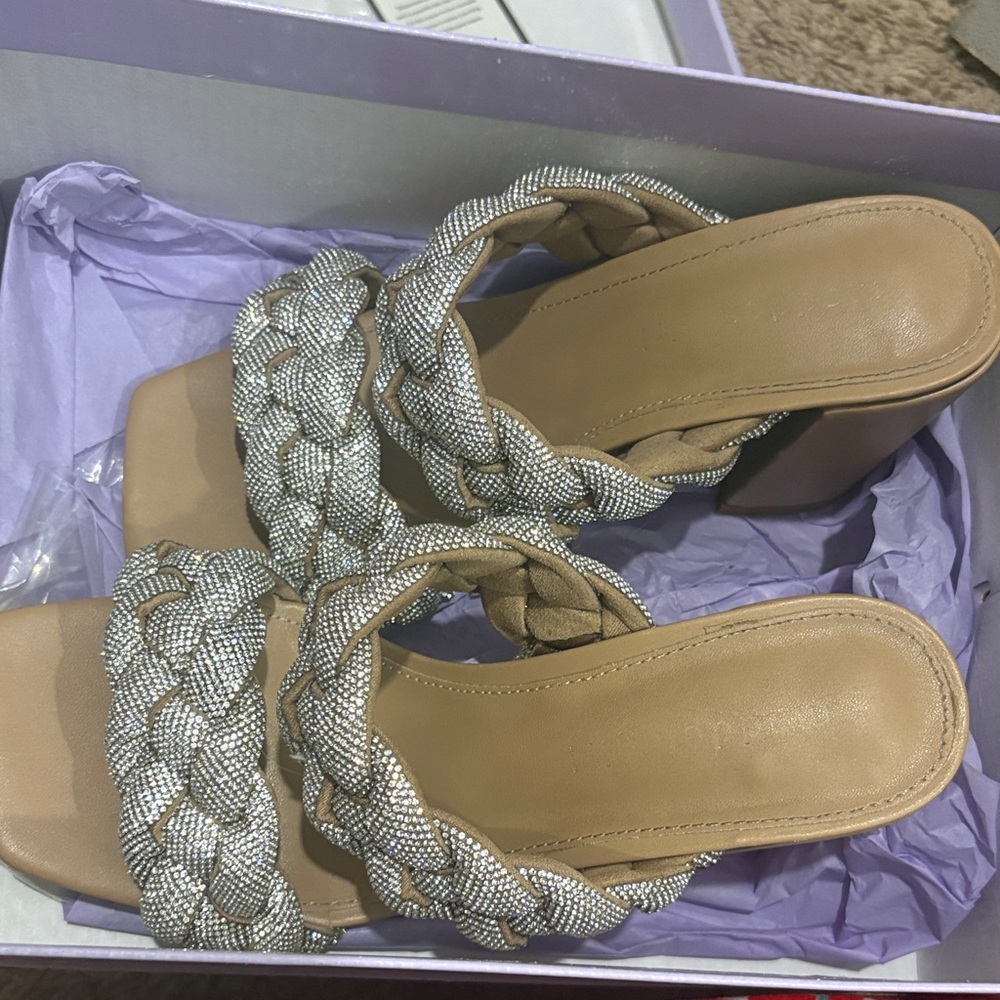 Madden Girl Silver and Tan Braided Heels
